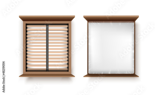 3d realistic vector icon set. Bed frame with and without matress. Top view. 