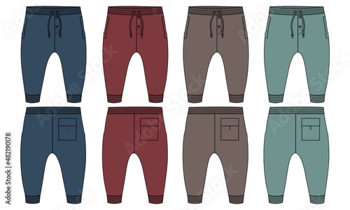 Multi color Set of collection Basic Sweat pant technical fashion flat sketch template front and back views. Apparel Fleece Cotton jogger pants vector illustration drawing mock up for kids and boys. 