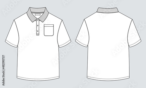 Short sleeve Polo shirt with pocket technical fashion flat sketch vector illustration template front and back views. 