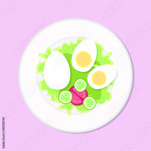 Eggs with salad healthy diet meal on plate. Vector illustration. Simple flat stock nutrition image. chicken egg healthy food