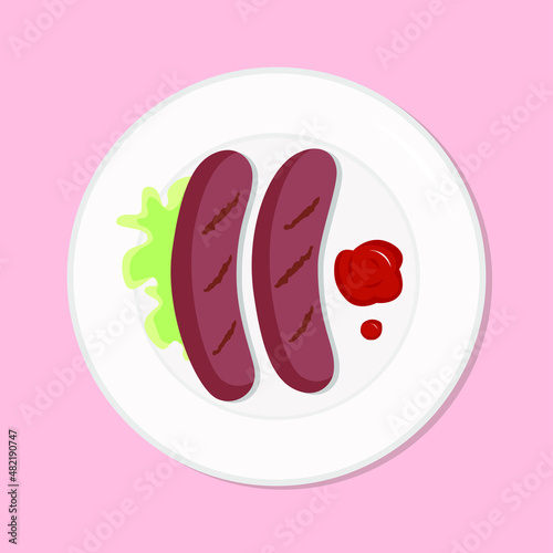 Grill sausages with salad healthy diet meal on plate. Vector illustration. Simple flat stock nutrition image. Breakfast barbeque healthy food