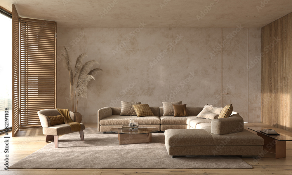 Modern interior japandi style design livingroom. Lighting and sunny scandinavian apartment with plaster and wood. 3d render illustration. - obrazy, fototapety, plakaty 