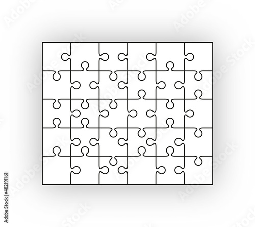 Puzzle pieces set. Jigsaw outline grid. Scheme of thinking game. Modern background with separate shapes. Simple frame tiles. Mosaic silhouette with 30 details. Cutting template. Vector illustration.