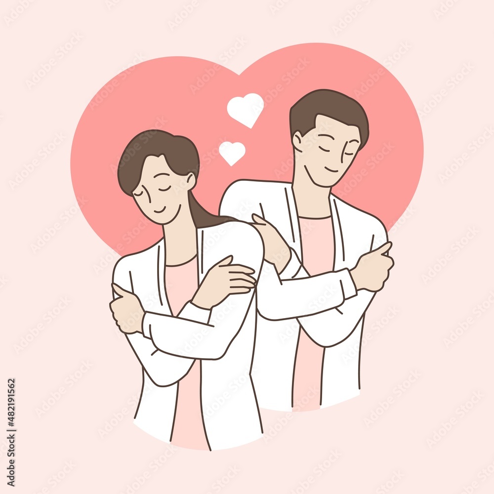 Fototapeta premium Couple hugging themself with hearts on pink background. Self love and self care. Love yourself. Love your body concept. Hand draw style. Vector illustration.