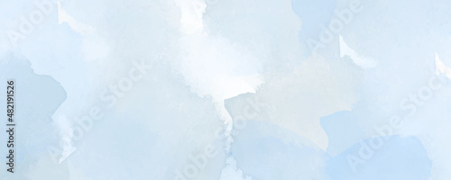 Vector watercolor art background with white clouds and blue sky. Hand drawn vector texture. Heaven. Pastel color watercolour banner. Template for flyers, cards, poster, cover. 