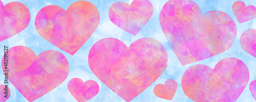 Vector pink watercolor art background with hearts and blue sky. Valentine's Day. Hand painted watercolour texture for cards, cover, flyers, poster, banner or wallpaper. Watercolour banner. Valentines.