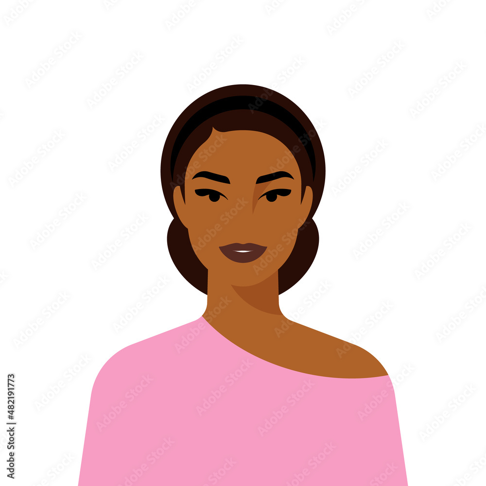 Female portrait of asian in minimal style. Pretty smiling woman, dressed casually, black hair, tan skin. Joyful face by simple clear shapes. Modern flat style illustration for poster, cover, banner. Female portrait of asian in minimal style. Pretty smiling woman, dressed casually, black hair, tan skin. Joyful face by simple clear shapes. Modern flat style illustration for poster, cover, banner.