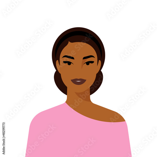 Female portrait of asian in minimal style. Pretty smiling woman, dressed casually, black hair, tan skin. Joyful face by simple clear shapes. Modern flat style illustration for poster, cover, banner.