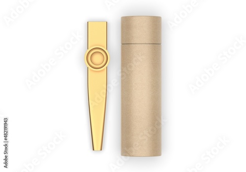 
Blank metal  kazoos musical Instrument with paper tube packaging, 3d render illustration. photo