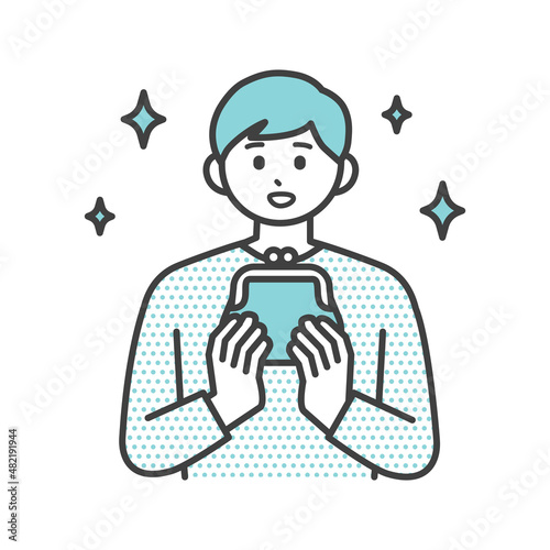 若い男性ががま口財布を持っているイラスト素材
