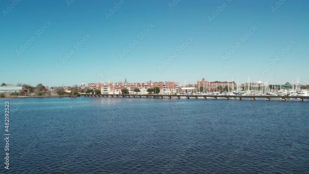 Drone shot of downtown New Bern North Carolina, over the trent river Drone shot of downtown New Bern North Carolina, over the trent river