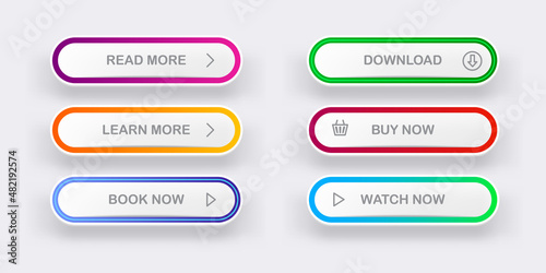 Modern material style buttons set isolated on grey background. Read more, buy now, download, book now, watch now buttons collection with gradient colors and icons with shadows.