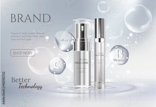 Obraz Beautiful cosmetic templates for ads, realistic 3d white tube and silver bottle on a light blue background with water bubbles. Beauty design for premium product