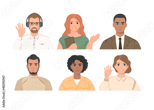 Diverse multinational group of women and men. Online meeting, video conference concept. Vector illustration in flat style.