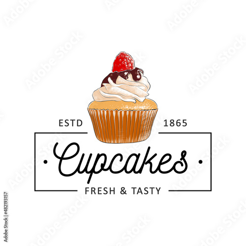 Vintage style bakery shop simple label, badge, emblem, logo template. Graphic food art with engraved cupcake design vector element with typography. Hand drawn pastry on white background.