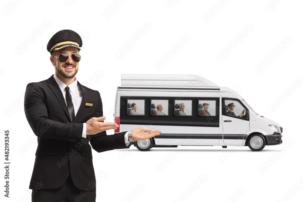 Chauffeur smiling and showing a mini bus shuttel with passengers - obrazy, fototapety, plakaty 