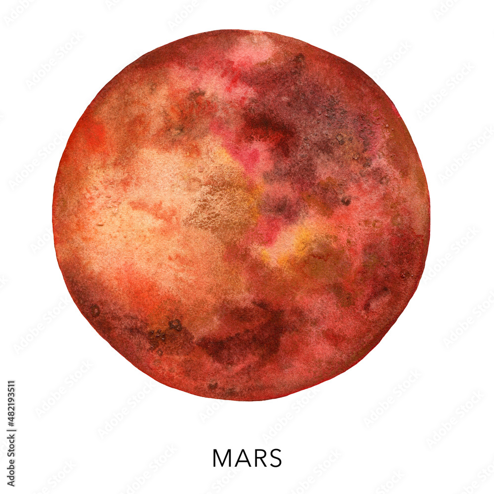 Watercolor abstract dark red Mars planet. Hand painted satellite isolated on white background. Minimalistic space illustration for design, print, fabric or background. Watercolor abstract dark red Mars planet. Hand painted satellite isolated on white background. Minimalistic space illustration for design, print, fabric or background.
