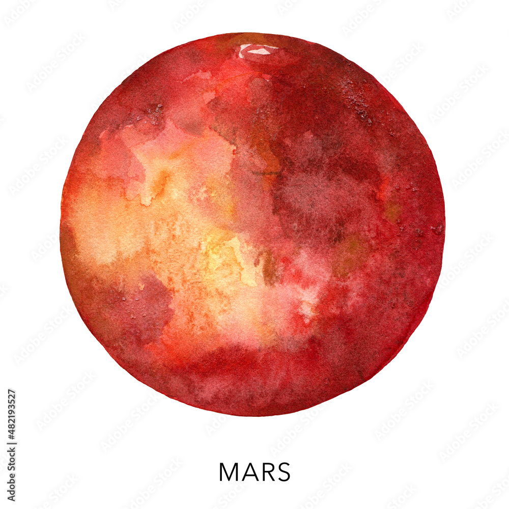 Watercolor abstract red Mars planet. Hand painted satellite isolated on white background. Minimalistic space illustration for design, print, fabric or background. Watercolor abstract red Mars planet. Hand painted satellite isolated on white background. Minimalistic space illustration for design, print, fabric or background.
