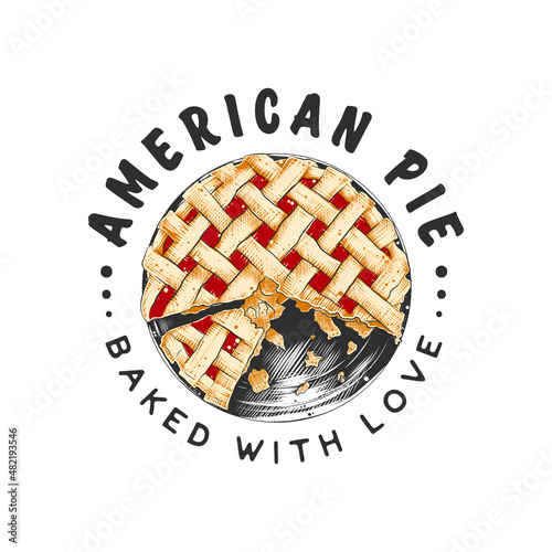 Vintage style bakery shop label, badge, emblem, logo. Vector illustration. Graphic art with engraved design element of American pie. Linear graphic isolated on white background.