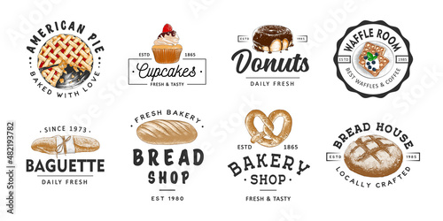 Set of 8 vintage style bakery, pastry shop labels, badges, emblems and logo. Vector illustration. Colorful graphic sketches with engraved design elements. Collection of hand drawn on white background.