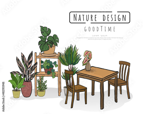 Potted plants Set and Minimalist interior furniture of sofa with dressing table. hand drawn vector doodle illustration interior minimalist design. 