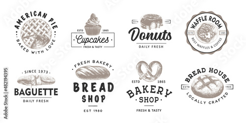 Set of 8 vintage style bakery, pastry shop labels, badges, emblems and logo. Vector illustration. Monochrome graphic sketches engraved design elements. Collection of hand drawn on white background.