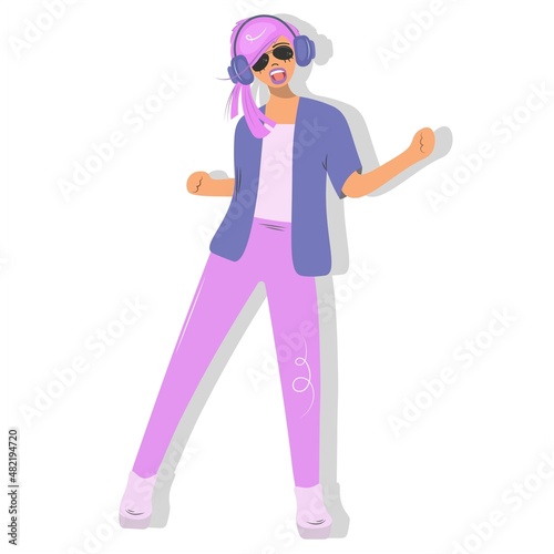 Emo girl dances and sings with headphones. Young active woman in sunglasses. A real subcultural image, tight pink leggings, a hairstyle, a denim shirt, music in headphones. Vector flat cartoon.