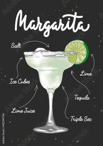 Vector engraved style illustration for posters, decoration and print. Hand drawn sketch of Margarita alcoholic cocktail, colorful isolated on white background. Detailed vintage woodcut style