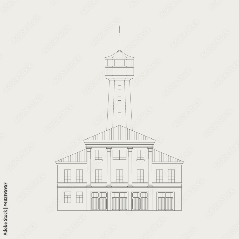 Line illustration of fire station building. The old fire station building.