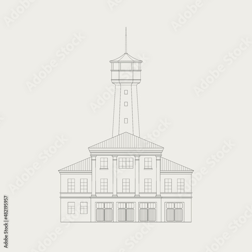 Line illustration of fire station building. The old fire station building.