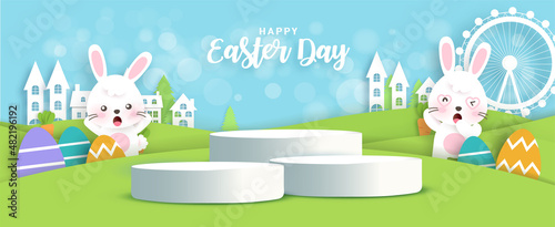 Easter greeting with 3d product podium in papercut style.