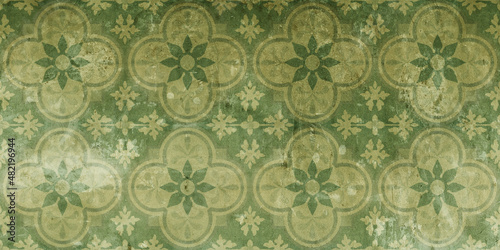 Seamless green beige vintage retro geometric square mosaic motif cement tiles...