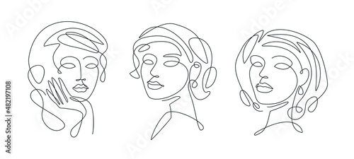 Beautiful woman face set. Concept of one line drawing art. Continuous line icon for spa salon or organic cosmetics