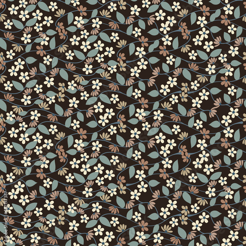 Seamless floral natural abstract  pattern on black background. Millefleurs style. Blue Flowers and leaves. Botanical. Hand drawn.