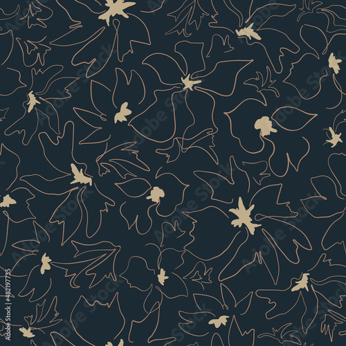 Seamless floral natural abstract  pattern on black background. Millefleurs style. Blue Flowers and leaves. Botanical. Hand drawn.