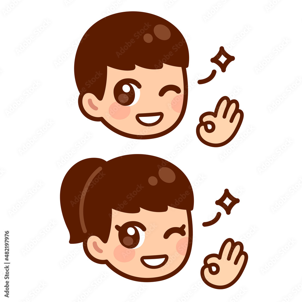 Cute anime boy and girl winking and making OK sign Stock Vector | Adobe  Stock