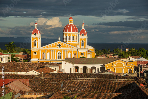 The beautiful neoclassical Granada Cathedral and the roofs of colonial Granada, Nicaragua