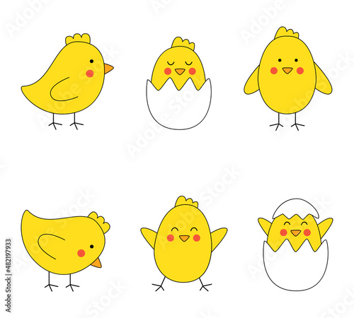 Set of cute Easter chickens in cartoon style.