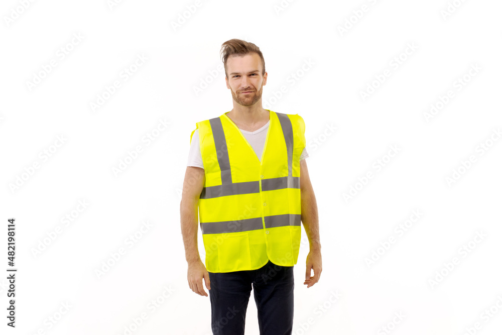 Adult man in uniform work vest standing on white background Adult man in uniform work vest standing on white background