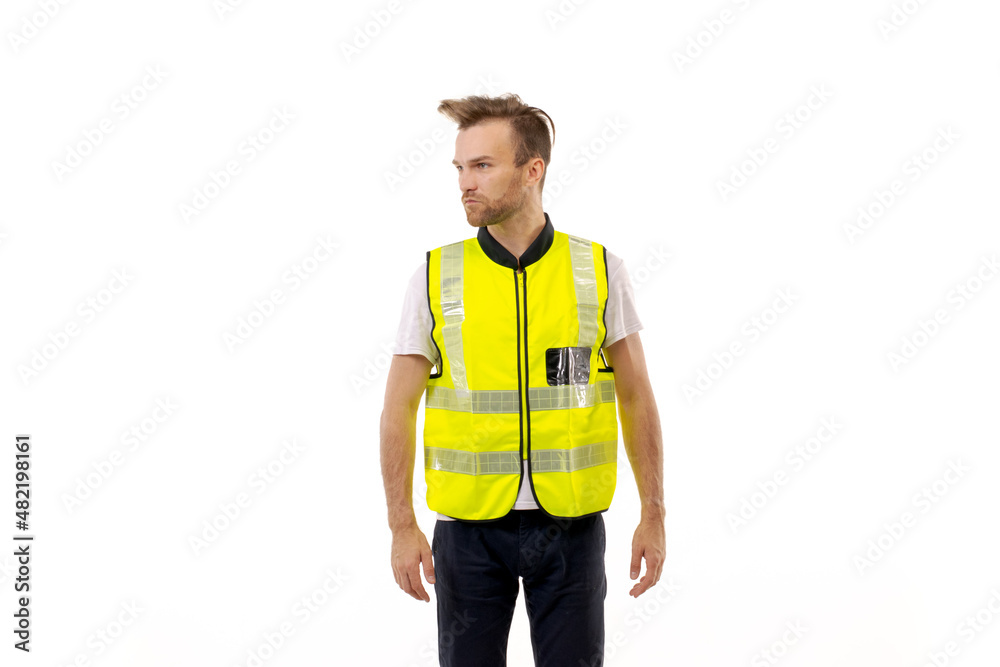 Adult man in uniform work vest standing on white background Adult man in uniform work vest standing on white background