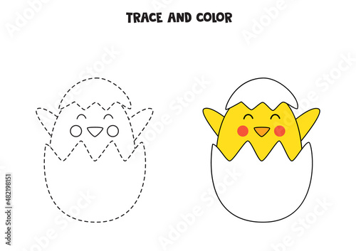 Trace and color cute baby chicken from egg. Worksheet for children.