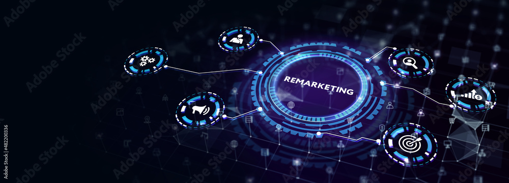 The concept of business, technology, the Internet and the network.  virtual screen of the future and sees the inscription: Remarketing 3d illustration