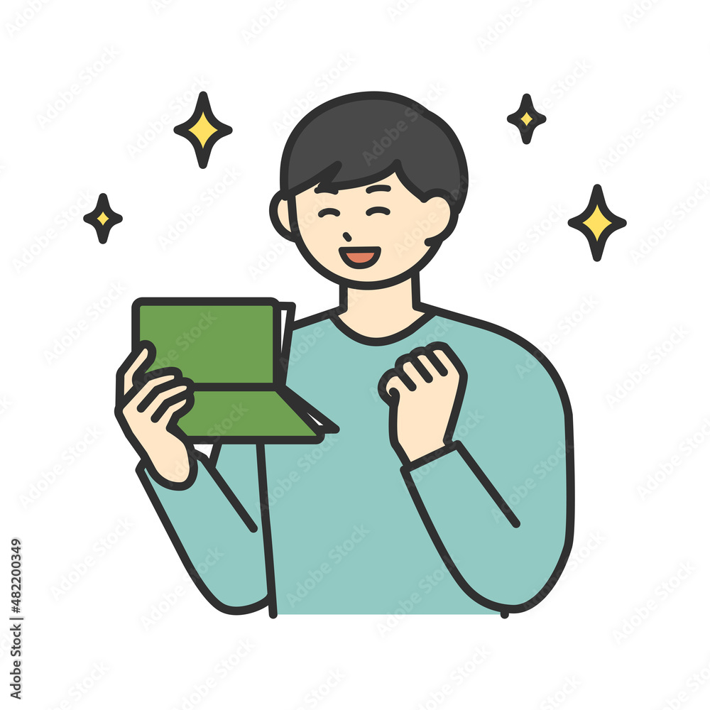 若い男性が預金通帳を見て喜ぶイラスト素材 Stock Vector Adobe Stock