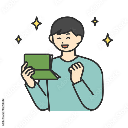 若い男性が預金通帳を見て喜ぶイラスト素材