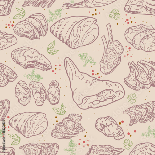 Seamless pattern of meat products. Beef, pork, lamb. Vector illustration in the sketch style.
