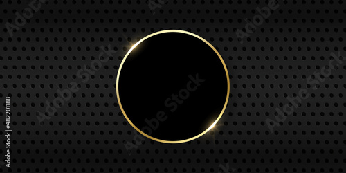 Metal Black Background Perforated by Dots with Gold Ring. Golden Shiny Circle on Dark Metal Meshed Background. Glow Round on Steel Backdrop. Abstract Modern Design. Vector Illustration