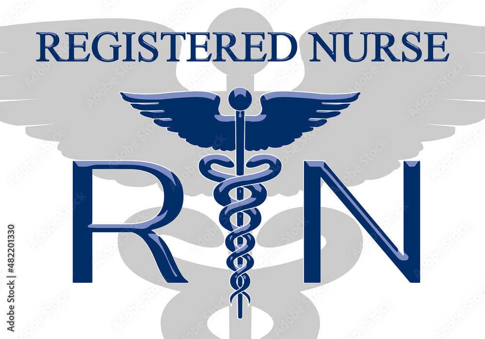 Registered Nurse Graphic Emblem A is an illustration of a registered nurse  design. Includes a caduceus medical symbol and RN text. Great for t-shirt  designs, embroidery designs or promotions. Stock Vector