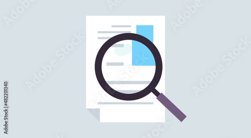 Magnifying glass on paper document and quality control symbol flat vector illustration.
