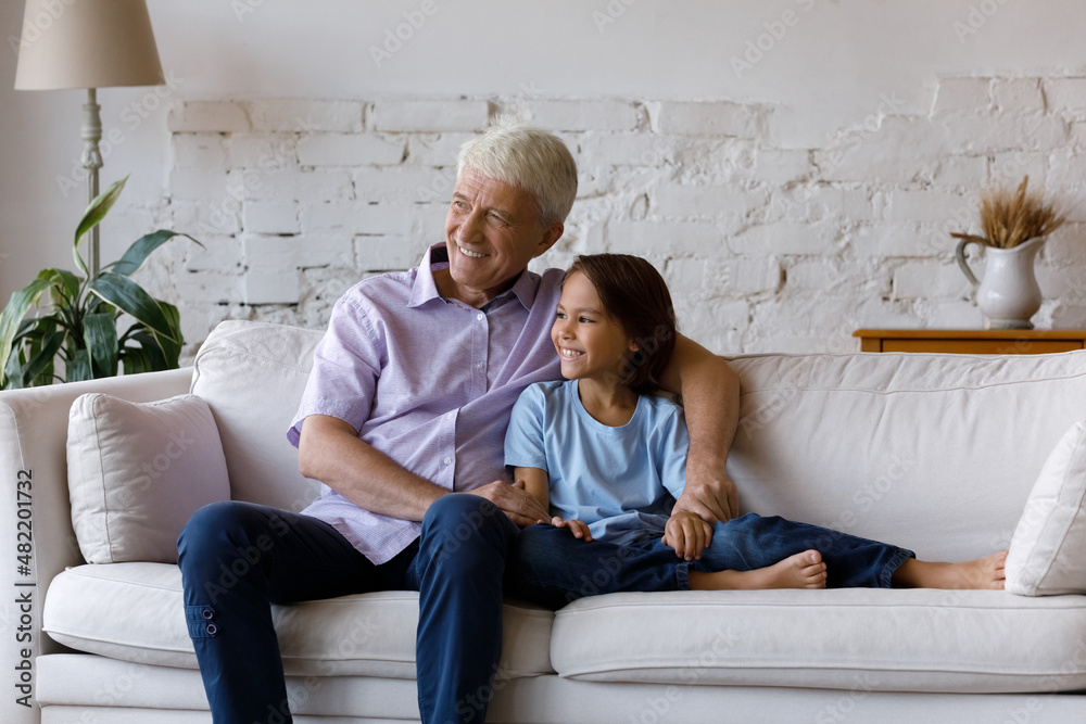 Happy dreamy grandfather and grandson kid sitting, relaxing on couch in living room together, looking away, thinking, planning weekend, leisure time together. Family generations, grandparent concept Happy dreamy grandfather and grandson kid sitting, relaxing on couch in living room together, looking away, thinking, planning weekend, leisure time together. Family generations, grandparent concept