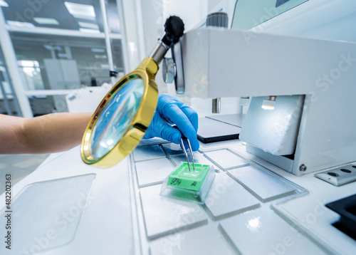 Fotografiet Laboratory assistant works at paraffin wax dispenser tissue embedding machine